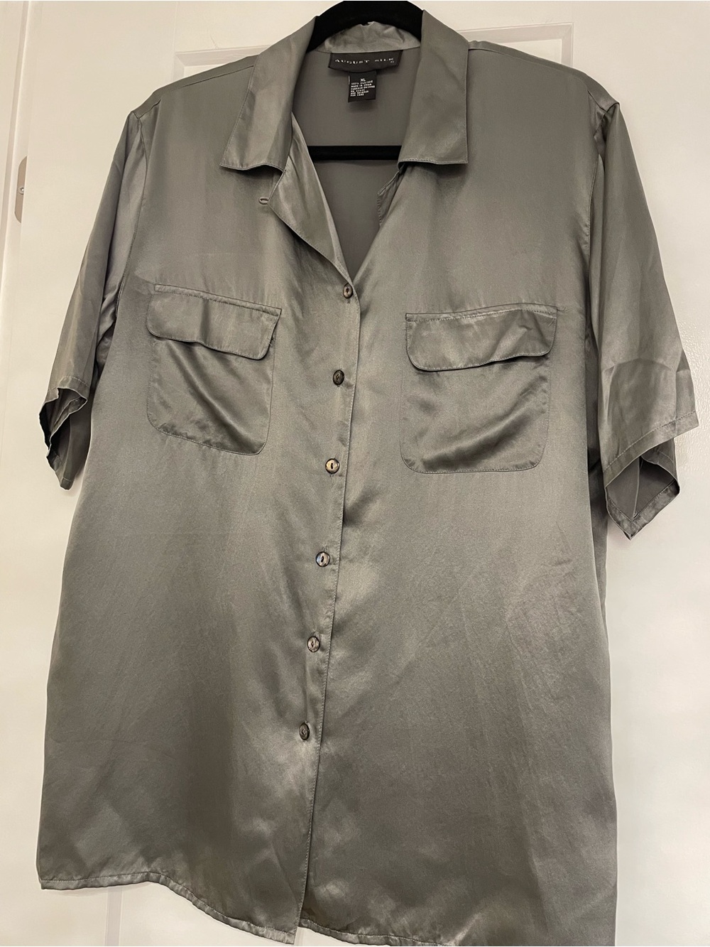 August Silk Brand  Silk Short-Sleeve Button-Down Blouse in Charcoal - Picture 3 of 9